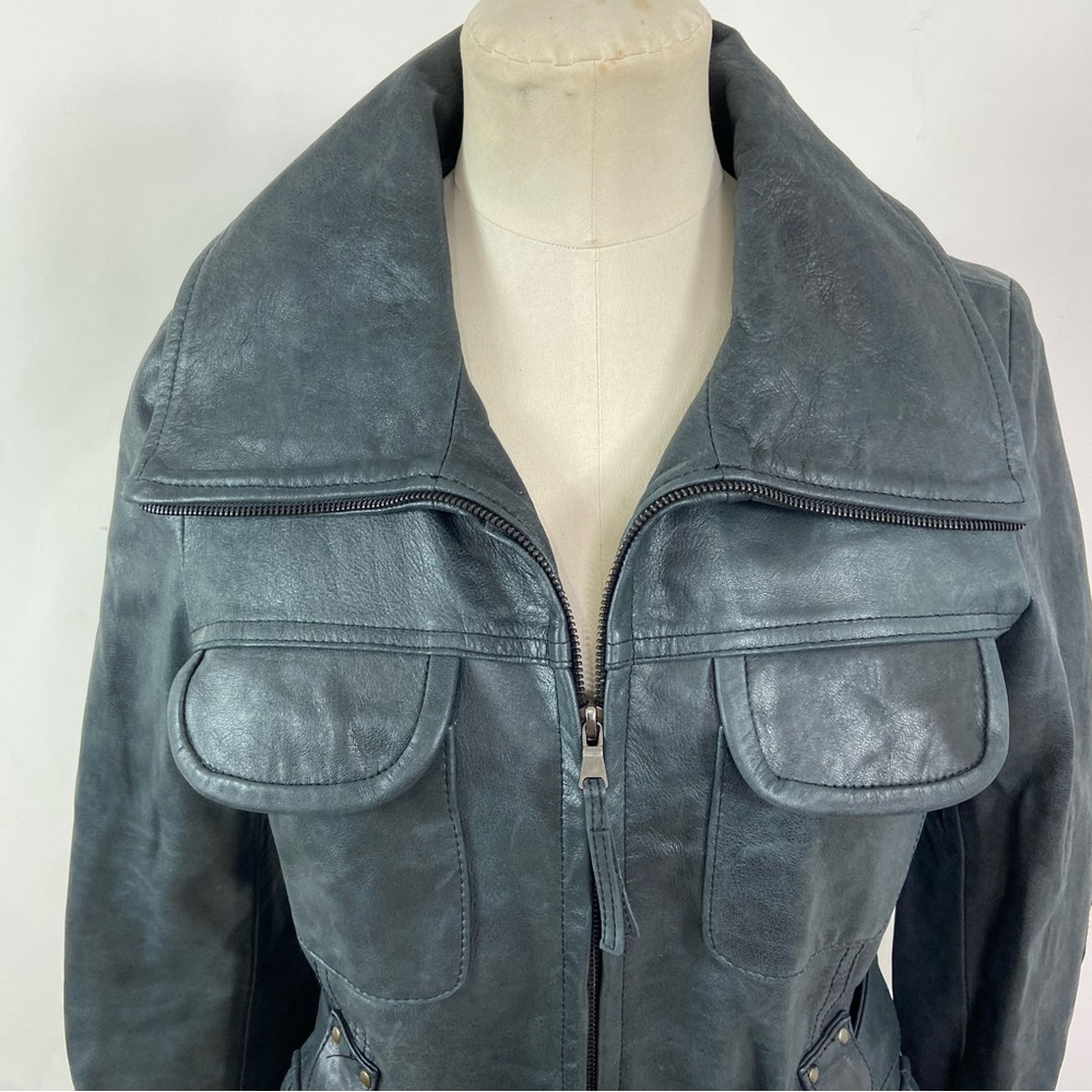 Vincent’s charcoal gray black belted leather moto biker jacket. - Picture 4 of 15